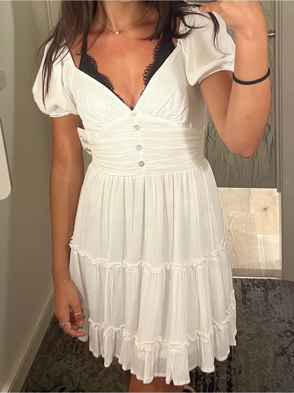 Altar'd State White V-Neck Puff Sleeve Tiered Mini Dress